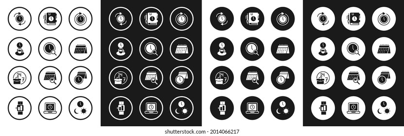 Set Clock with arrow, Magnifying glass clock, Coffee time, Calendar, Daily paper notepad, and and Always busy icon. Vector
