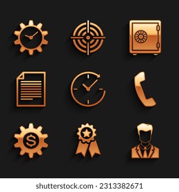 Ajuste el reloj con flecha, estrella de Medal, Usuario de hombre en traje de negocios, Teléfono, Símbolo de Gear y icono de documento. Vector