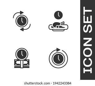 Establecer Reloj con flecha, , El tiempo es el dinero y el icono del tiempo de comida. Vector
