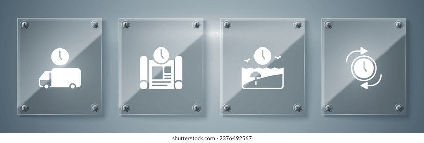 Set Clock with arrow, Vacation time, Project plan and Delivery. Square glass panels. Vector
