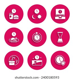 Set Clock with arrow, Vacation time, shield, Old hourglass sand, Always busy, Food, Monitor and Fast food icon. Vector