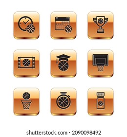 Set Clock With Basketball Ball, Basketball And, Stopwatch, Training, Game Video, Award Cup, Ticket And On Sport Calendar Icon. Vector