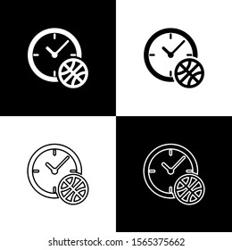 Set Clock with basketball ball inside icon isolated on black and white background. Basketball time. Sport and training.  Vector Illustration