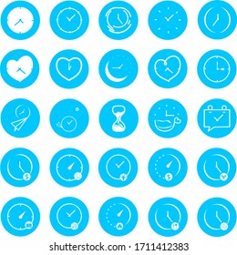 Set of clock in blue circle. Concept of UI design elements. Digital countdown app, user interface kit, mobile clock. It's time to work, money, coffee, pray, travel, chat, study, lunch, eat, sleep.