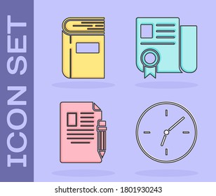 Set Clock, Book, Exam sheet and pencil with eraser and Certificate template icon. Vector