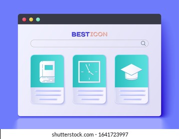 Set Clock, Book and Graduation cap icon. Vector