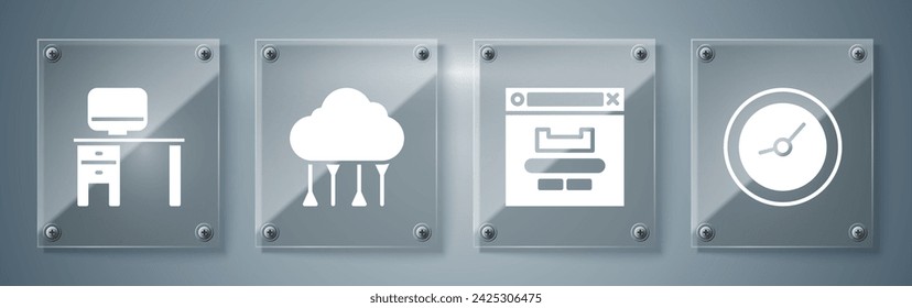 Set Clock, Browser window, Network cloud connection and Computer monitor and desk. Square glass panels. Vector