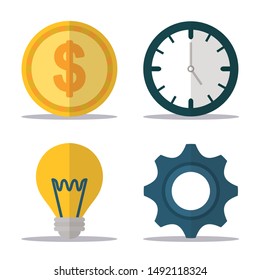 set of clock bulb money and gear business success productivity vector illustration