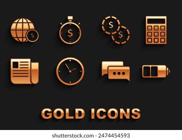 Set Clock, Calculator, Battery charge level indicator, Speech bubble chat, File document, Coin money with dollar symbol, Earth globe and Time is icon. Vector