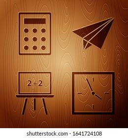Set Clock, Calculator, Chalkboard and Paper airplane on wooden background. Vector