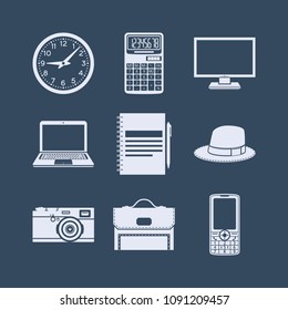 Set of clock, calculator, computer, laptop, notebook, hat, camera, suitcase, mobile phone vector icons