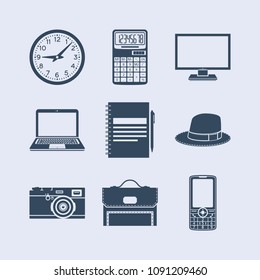 Set of clock, calculator, computer, laptop, notebook, hat, camera, suitcase, mobile phone vector icons