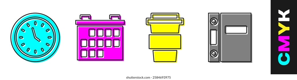 Set Clock, Calendar, Coffee cup to go and Office folders icon. Vector