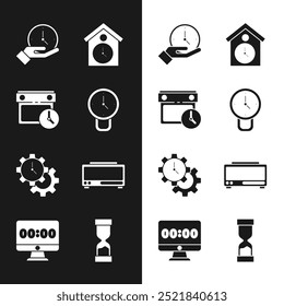 Establecer reloj, calendario y reloj, reloj de pared retro, gestión de tiempo, alarma digital, reloj de arena viejo y en el icono del monitor. Vector