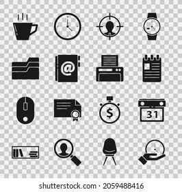 Ajuste Reloj, Calendario, bloc de notas en espiral, concepto de caza de cabezales, Dirección, carpeta de documentos, taza de café e icono de impresora. Vector