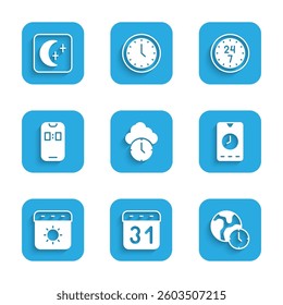 Set Clock, Calendar, World time, Alarm clock app mobile, summer, 24 hours and Moon and stars icon. Vector