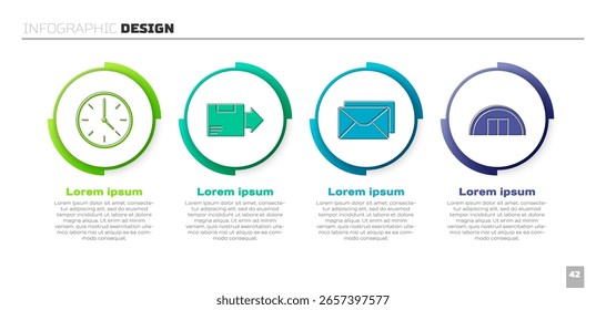 Set Reloj, caja de cartón, sobre y almacén. Plantilla de infografía de negocios. Vector