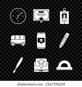 Set Clock, Certificate template, Identification badge, Paint brush, Graduation cap screen laptop, Protractor grid for measuring degrees, School Bus and smartphone icon. Vector