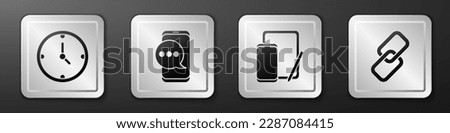 Set Clock, Chat messages notification on phone, Phone and graphic tablet and Chain link icon. Silver square button. Vector
