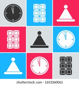 Set Clock, Chocolate bar and Christmas Santa Claus hat icon. Vector
