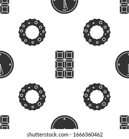Set Clock, Chocolate bar and Christmas wreath on seamless pattern. Vector