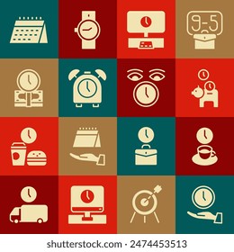 Set Clock, Coffee time, Piggy bank with coin, Smart Tv, Alarm clock, Time is money, Calendar and  icon. Vector