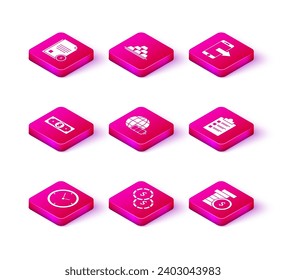 Set Clock, Coin money with dollar symbol, Stacks paper cash, Battery charge level indicator earth globe, Clipboard checklist, Smartphone, mobile phone and Gold bars icon. Vector