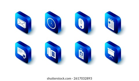 Set Clock, Computer mouse, Spiral notebook, Chalkboard with diagram, Identification badge, Telephone, Certificate template and Envelope icon. Vector