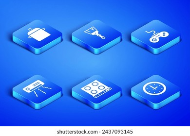 Set Reloj, olla de cocina, estufa de gas, aire acondicionado, cepillo de pintura e icono Gamepad. Vector