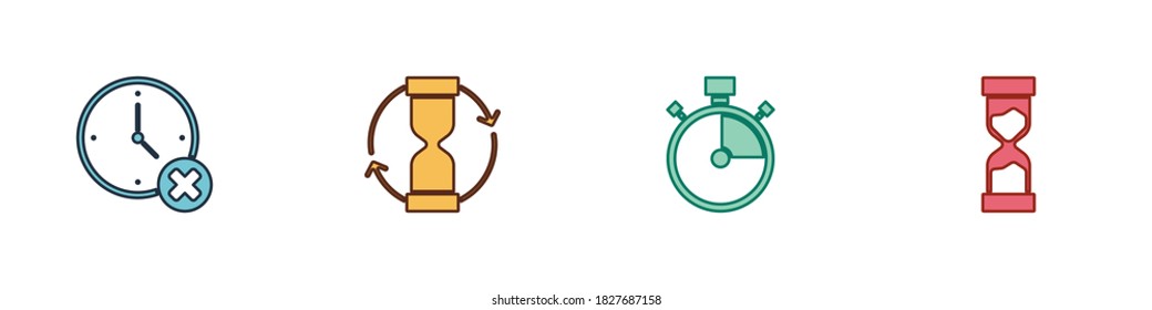Setzen Sie Uhrenlöschung, Altes Stundenglas, Stoppuhr und Symbol. Vektorgrafik.