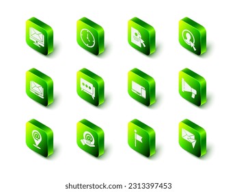 Set Clock, Document and cursor, Create account screen, Megaphone, Envelope, Monitor, Location marker and Mail e-mail in hand icon. Vector