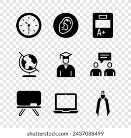 Set Clock, Ear listen sound signal, Exam sheet with A plus grade, Chalkboard, Laptop, Drawing compass, Earth globe and Graduate and graduation cap icon. Vector