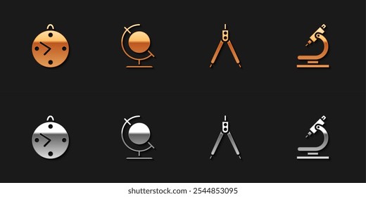 Set Clock, Earth globe, Drawing compass and Microscope icon. Vector