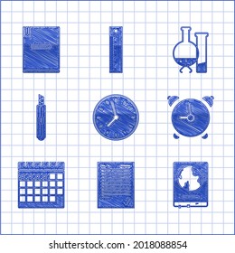 Set Clock, Exam sheet with check mark, World map on school blackboard, Alarm clock, Calendar, Stationery knife, Test tube and flask chemical laboratory test and Notebook icon. Vector