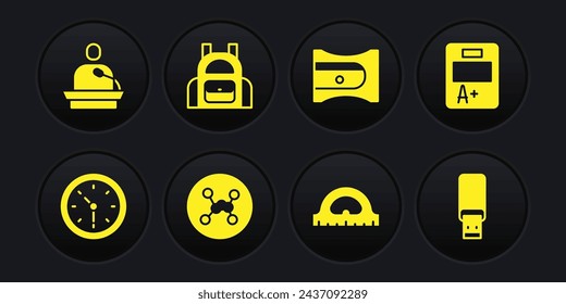 Set Clock, Exam sheet with A plus grade, Chemical formula, Protractor grid, Pencil sharpener, School backpack, USB flash drive and Gives lecture icon. Vector