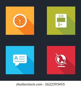 Set Clock, Exam sheet with A plus grade, Speech bubbles Answer and Earth globe icon. Vector