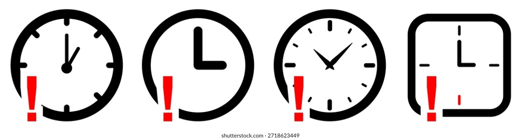 Establezca el Vector de reloj y signo de exclamación para alertas urgentes. Ideal para ilustrar plazos, tareas atrasadas, avisos de tiempo y recordatorios importantes.