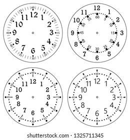 Set of clock faces for house, alarm, table, kitchen, wall, wristwatches or special models for kids. Dials for pocket, stop watches, timer or grandfather clock. Logos for the repair shop or service.