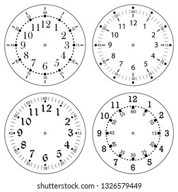 Set of clock faces for house, alarm, table, kitchen, wall, wristwatches or special models for kids. Dials for pocket, stop watches, timer or grandfather clock. Logos for the repair shop or service.