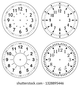 Set of clock faces for house, alarm, table, kitchen, wall, wristwatches or special models for kids. Dials for pocket, stop watches, timer or grandfather clock. Logos for the repair shop or service.