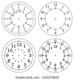 Set of clock faces for house, alarm, table, kitchen, wall, wristwatches or special models for kids. Dials for pocket, stop watches, timer or grandfather clock. Logos for the repair shop or service.