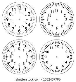 Set of clock faces for house, alarm, table, kitchen, wall, wristwatches or special models for kids. Dials for pocket, stop watches, timer or grandfather clock. Logos for the repair shop or service.