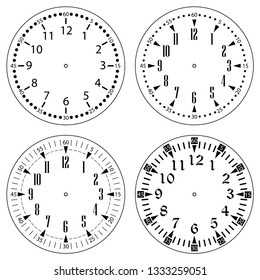 Set of clock faces for house, alarm, table, kitchen, wall, wristwatches or special models for kids. Dials for pocket, stop watches, timer or grandfather clock. Logos for the repair shop or service.