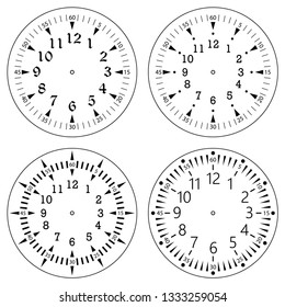 Set of clock faces for house, alarm, table, kitchen, wall, wristwatches or special models for kids. Dials for pocket, stop watches, timer or grandfather clock. Logos for the repair shop or service.