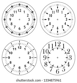 Set of clock faces for house, alarm, table, kitchen, wall, wristwatches or special models for kids. Dials for pocket, stop watches, timer or grandfather clock. Logos for the repair shop or service.