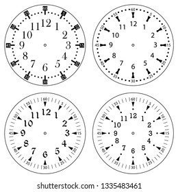 Set of clock faces for house, alarm, table, kitchen, wall, wristwatches or special models for kids. Dials for pocket, stop watches, timer or grandfather clock. Logos for the repair shop or service.