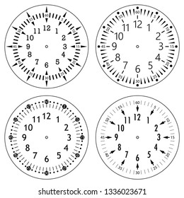 Set of clock faces for house, alarm, table, kitchen, wall, wristwatches or special models for kids. Dials for pocket, stop watches, timer or grandfather clock. Logos for the repair shop or service.
