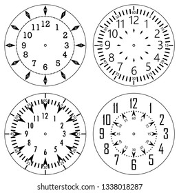 Set of clock faces for house, alarm, table, kitchen, wall, wristwatches or special models for kids. Dials for pocket, stop watches, timer or grandfather clock. Logos for the repair shop or service.