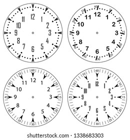 Set of clock faces for house, alarm, table, kitchen, wall, wristwatches or special models for kids. Dials for pocket, stop watches, timer or grandfather clock. Logos for the repair shop or service.