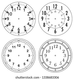 Set of clock faces for house, alarm, table, kitchen, wall, wristwatches or special models for kids. Dials for pocket, stop watches, timer or grandfather clock. Logos for the repair shop or service.